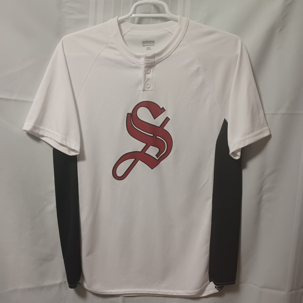 Augusta Sportswear Mens Large Baseball Jersey White Black Henley Two Button S